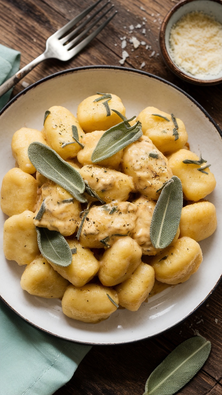 Delicious Homemade Gnocchi Recipe A serving of homemade gnocchi with sage butter sauce, garnished with fresh sage leaves and parmesan.